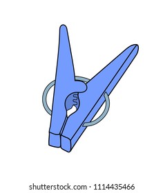 Vector illustration, isolated blue clothes pin, outline hand painted drawing