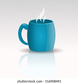 Vector illustration. Isolated blue mug with steam on the white background. Template for design. 