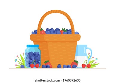 Vector illustration of an isolated blueberry basket. Wicker basket with blueberries realistic vector illustration isolated on white. Berries in a big brown container with vector illustration.