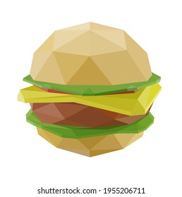 Vector illustration of isolated burger on the white background. Low poly style. Fastfood. 
