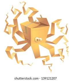 vector illustration isolated, a cardboard box mixed with an octopus