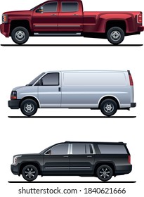 Vector illustration of isolated cars of various types. Side view of a pickup, SUV and van.