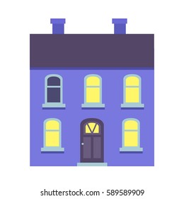 Vector illustration of isolated cartoon blue house with two floors on white. Colourful xmas building with dark roof and two chimneys and some yellow lighted windows. Architecture in city in flat