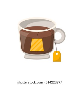 Vector illustration with isolated cartoon glass cap and teabag with tag. Warm beverage icon. Tea time object on white background. Tea ceremony concept. Cartoon drink icon design