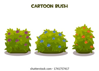 Vector illustration of isolated cartoon green flowering bushes. Cute bushes of different shapes and flowers.