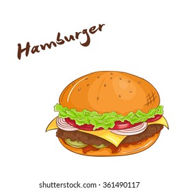 vector illustration of an isolated cartoon hand drawn fast food. Hamburger. Take it away.