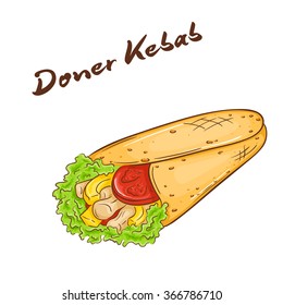 vector illustration of isolated cartoon hand drawn fast food. Donner kebab.