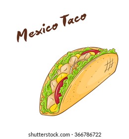 vector illustration of isolated cartoon hand drawn fast food. Mexican taco.