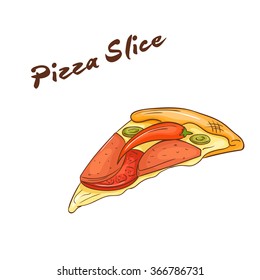 vector illustration of isolated cartoon hand drawn fast food. Slice of pizza.