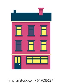 Vector illustration of isolated cartoon house with three floors on white background. Colourful building with dark roof and chimney on it and some yellow lighted windows. Architecture in city.