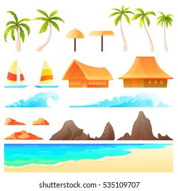 Vector illustration Isolated cartoon landscape constructor set with sample palms reefs waves beach umbrellas boats for combining banners beach scenes.