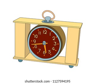 Vector illustration, isolated cartoon vintage desktop square clock, outline hand painted drawing