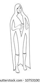 Vector illustration, isolated cartoon young naked woman with very long hair in black and white colors