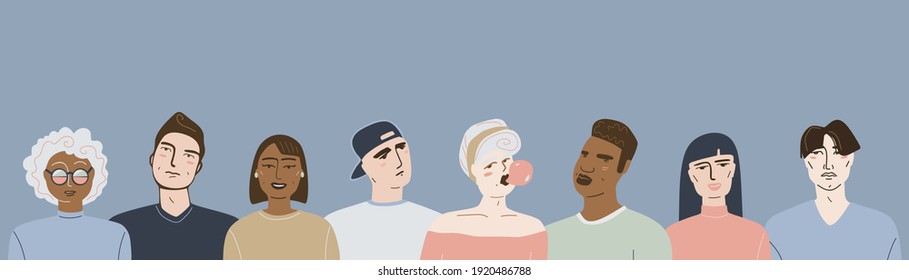 Vector illustration, isolated casual people, portrait of multiethnic people, young people of different nationalities stand in a row.