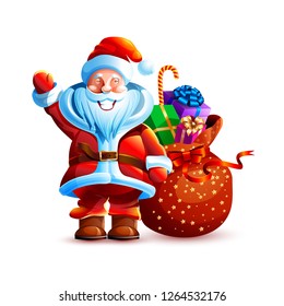 Vector illustration isolated character santa claus waving his hand wide smiling hi Hello sticker emoji bag gift present congratulations happy new year merry christmas mascot design white background