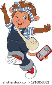 Vector illustration of isolated child character on white background. Fashionably dressed cute kind monkey with a bag over his shoulder and a smartphone in his tail who winks, smiles and takes a selfie