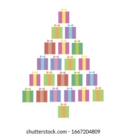 Vector illustration with isolated christmas tree made of colorful multicolored color square gifts with ribbon and bow on a white background.