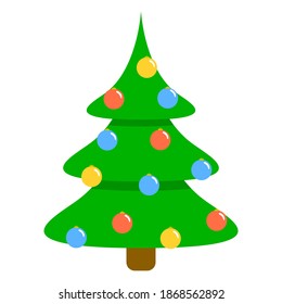 Vector illustration of an isolated Christmas tree with balls on a white background. Simple flat style.