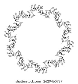Vector illustration of isolated circular wreath in doodle style branches in a loose hand drawn design, isolated on white background.
