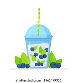 Vector illustration of an isolated clear glass with a blueberry and mint cocktail. Beautiful cocktail with blue berries. A drink obtained by mixing several components.