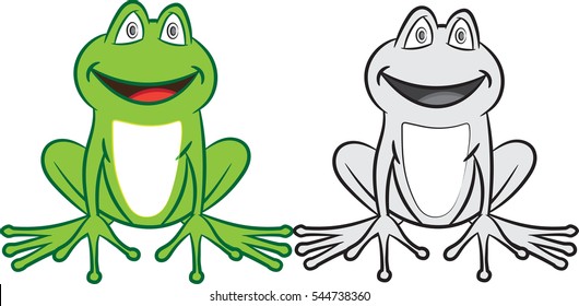 Vector Illustration of isolated colorful and black-white frog for coloring book