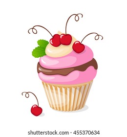 Vector illustration isolated colorful cupcake with cherry on the white background. eps10.