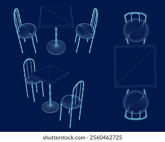 Vector illustration, isolated, contour, table and two chairs set. Isometric, top view.