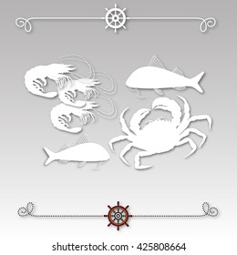 Vector illustration with isolated crab, fishes, shrimps and nautical design elements helm, rope  on grey background.