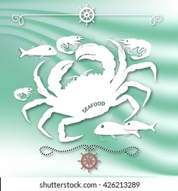 Vector illustration with isolated crab, fishes, shrimps and nautical design elements helm, rope  on wave aquamarine background.