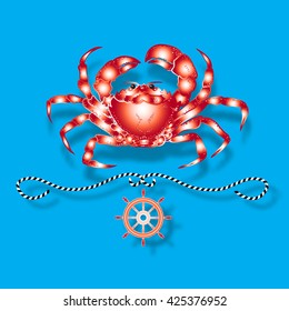 Vector illustration with isolated crab and nautical design elements helm, rope  on blue background.