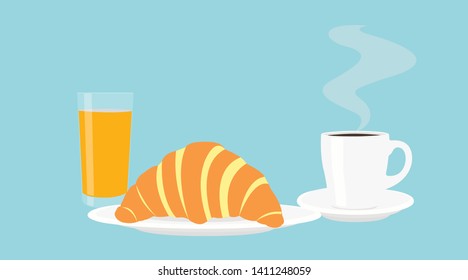 Vector Illustration Isolated of a Croissant, an Orange Juice Glass and a Cup of Coffee