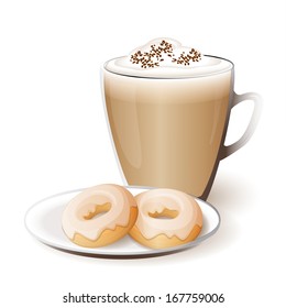 vector illustration isolated cup of cappuccino with donuts- eps10