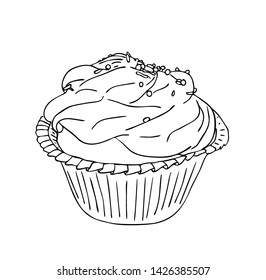 Vector illustration, isolated cupcake basket with cream and confectionery dressing in black and white colors, outline hand painted drawing