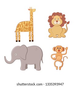 Vector illustration with isolated cute cartoon characters giraffe, lion, elephant, monkey. Template for baby cosmetics packaging design, greeting and baby shower card, print pajamas or t-shirt, cover.