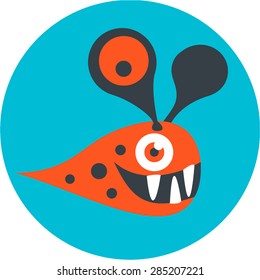 Vector illustration of isolated cute cartoon red black alien monster with big ears on blue background