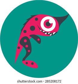 Vector illustration of isolated cute cartoon pink black t-rex dinosaur alien monster on teal background