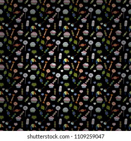 Vector illustration. Isolated. Cute and colorful candy sweet seamless pattern on orange, black and yellow background. Orange, black and yellow version.