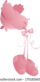 Una ilustración vectorial de un pájaro rosa lindo y aislado que lleva un par de botines rosados para anunciar la llegada de una niña.