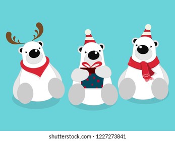 Vector illustration of isolated cute polar bear cartoon character sitting, wearing red scarf on blue background celebrating for Christmas party.