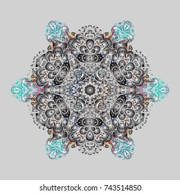 Vector illustration. Isolated cute snowflakes on colorful background. Gray, blue and white snowflakes on a gray, blue and white colors. Snowflake vector pattern.