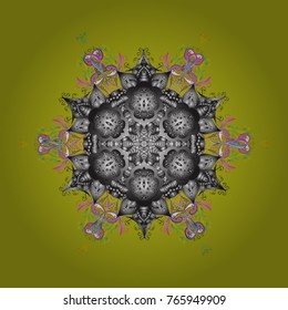 Vector illustration. Isolated cute snowflakes on colorful background. Yellow, gray and green snowflakes on a yellow, gray and green colors. 