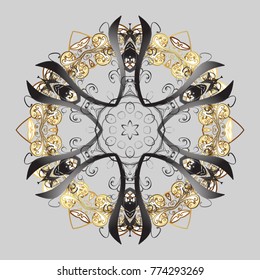 Vector illustration. Isolated cute snowflakes on colorful background. Gray and yellow snowflakes on a gray and yellow colors. Snowflake vector pattern.