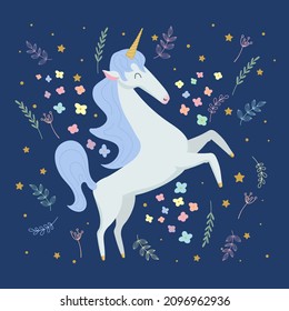 Vector illustration isolated cute unicorn runs among flowers in pastel colors.Fairytale concept for the decor of invitations, stickers, clothes
