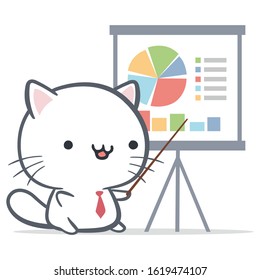 vector illustration of isolated cute white kitty cat funny cartoon businessman mascot doing presentation slide show. Perfect for business presentation, marketing and sales