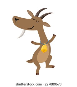 Vector illustration of isolated dancing goat with gold bell on white background 