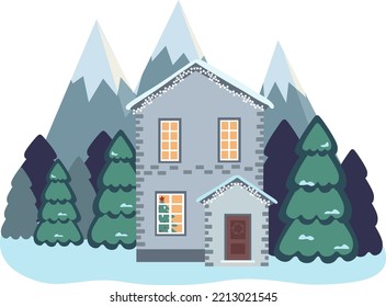 Vector illustration of isolated decorated buildings, New Year and Christmas houses on nature background. Holiday and celebration, winter architecture