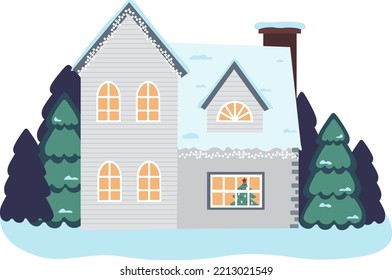 Vector illustration of isolated decorated buildings, New Year and Christmas houses on nature background. Holiday and celebration, winter architecture