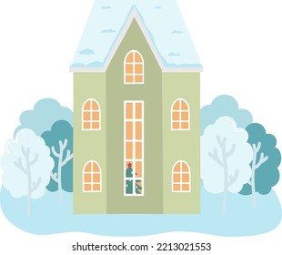 Vector illustration of isolated decorated buildings, New Year and Christmas houses on nature background. Holiday and celebration, winter architecture