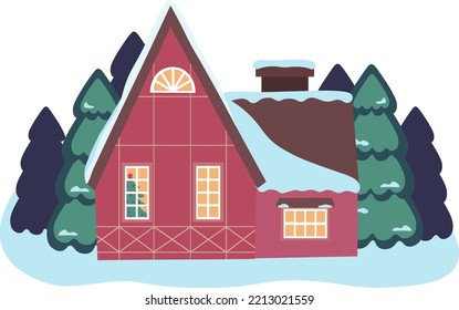Vektorgrafik von vereinzelten, verzierten Gebäuden, Neujahrs- und Weihnachtshäusern auf Naturhintergrund. Feiertag und Feiern, Winterarchitektur