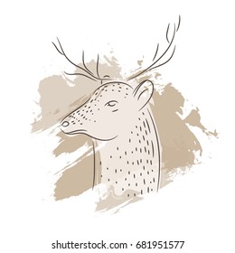 Vector illustration isolated deer with brown stripes on white background. Background with wild animal. Vector stylized deer head
